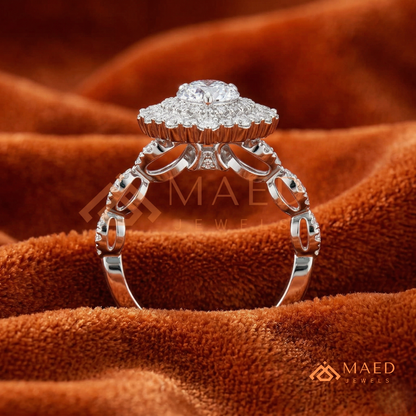 Vintage Pear Shaped Double Halo Engagement Ring with Pave Band in Silver, 14K Gold & Rose Gold
