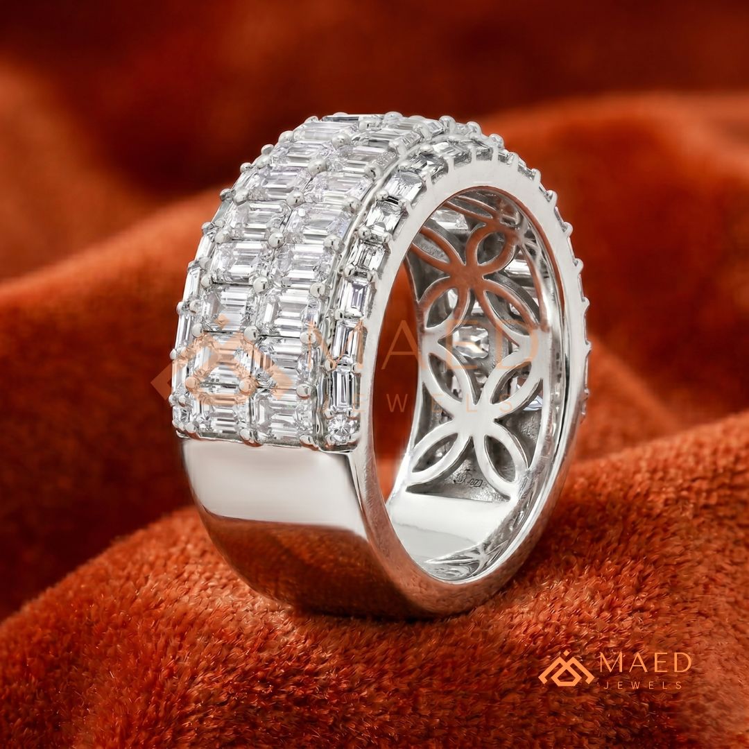 Multi-Row Emerald Cut Diamond Eternity Band in Silver, 14K Yellow & Rose Gold