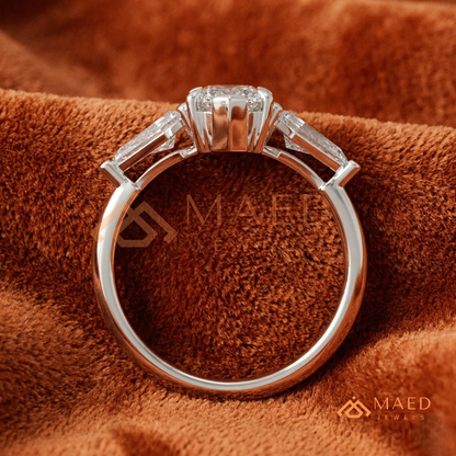 Marquise Cut Three Stone Ring with Kite Side Diamonds | 14k Gold, Rose Gold & Silver