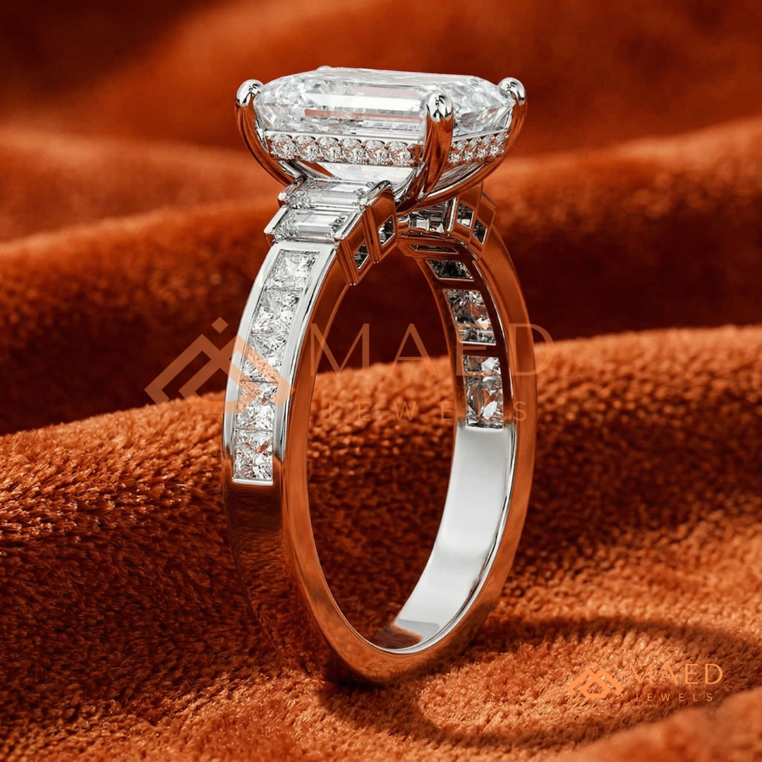 Emerald Cut Three-Stone Ring with Baguette and Channel Princess Band in Silver, 14K Gold, & 14K Rose Gold