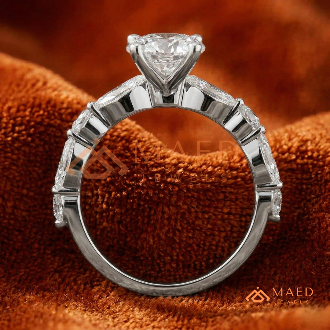 Round Cut Engagement Ring with Marquise Accents in Sterling Silver, 14K Gold & 14K Rose Gold