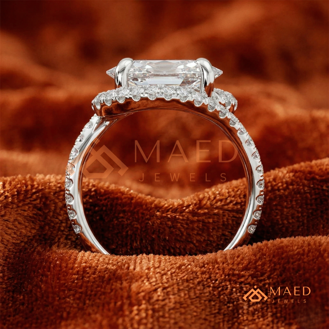 East-West Oval Cut Halo Engagement Ring | Bypass Pavé Band in 14K Gold, Rose Gold & Sterling Silver