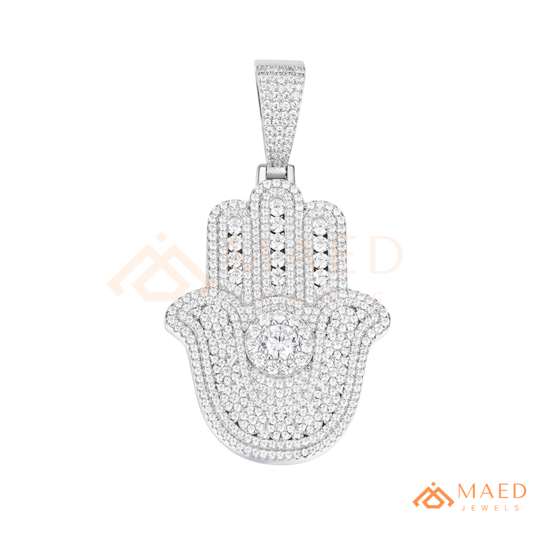 Iced-Out Hamsa Hand Pendant – Micro-Pave Diamond Finish in Silver, 14k Gold, 14k Rose Gold