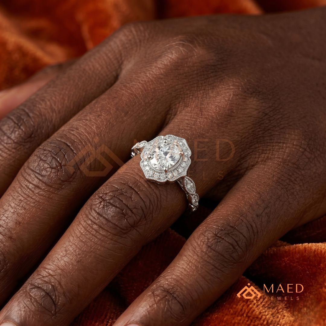 Vintage Oval Cut Art Deco Halo Engagement Ring | Milgrain Band in 14k Gold & Silver