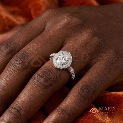 Vintage Oval Cut Art Deco Halo Engagement Ring | Milgrain Band in 14k Gold & Silver