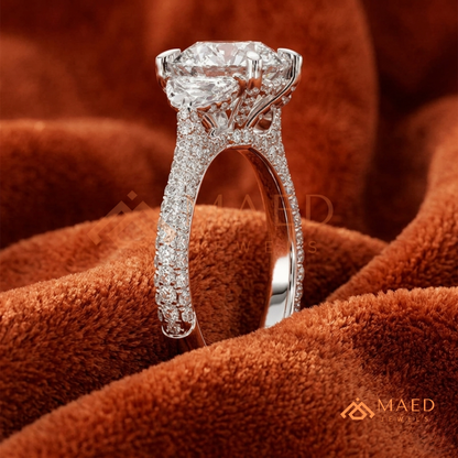 Round Brilliant and Half Moon Three Stone Ring | Multi-Row Pavé Band in 14k Gold & Silver