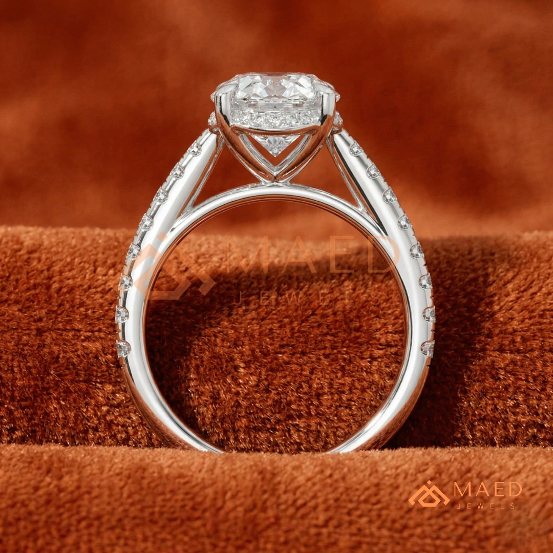 Oval Cut Hidden Halo Engagement Ring | Pavé Band in 14k Gold, Rose Gold & Silver