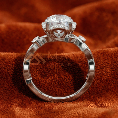 Round Cut Floral Halo Engagement Ring with Twisted Infinty Band in 14K Gold, Rose Gold & Silver