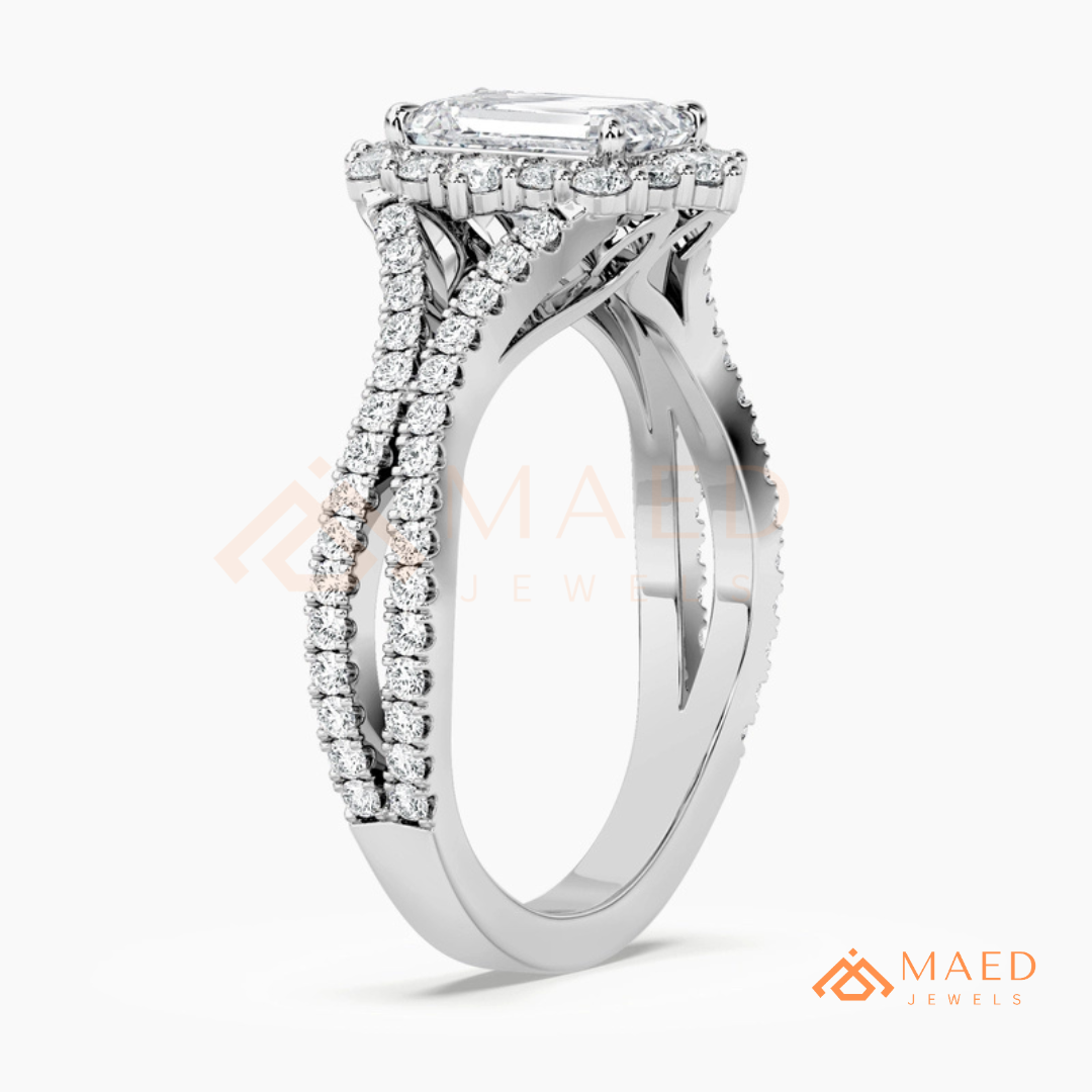 Emerald Cut Starburst Halo Engagement Ring | Split Shank Band in 14k Gold, Rose Gold & Silver