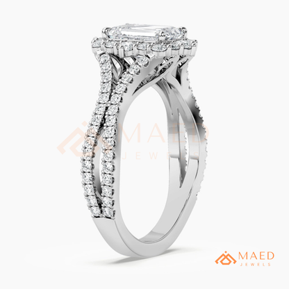 Emerald Cut Starburst Halo Engagement Ring | Split Shank Band in 14k Gold, Rose Gold & Silver