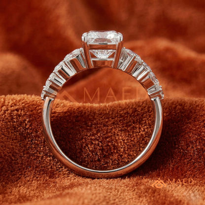 Cushion Cut Engagement Ring with Pear Accent Band in Silver, 14K Gold, & 14K Rose Gold