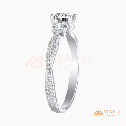 Round Cut 3-Stone Engagement Ring with Twisted Pavé Band in Silver, 14K Gold, & 14K Rose Gold