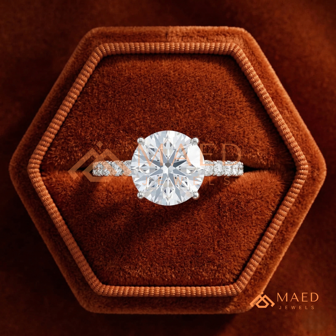 Classic Round Cut Pave Solitaire Ring in Silver, 14K Yellow Gold, or Rose Gold