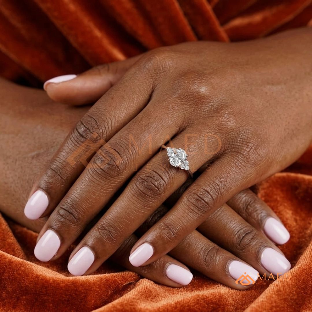 Oval Cut Engagement Ring with Round Cluster Side Stones | 14k Gold, Rose Gold & Silver