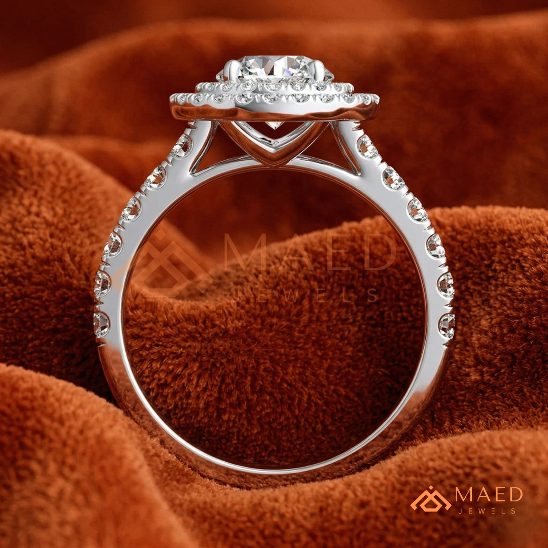Double Halo Round Brilliant Engagement Ring with Pavé Band – Sterling Silver, 14K Gold, or 14K Rose Gold