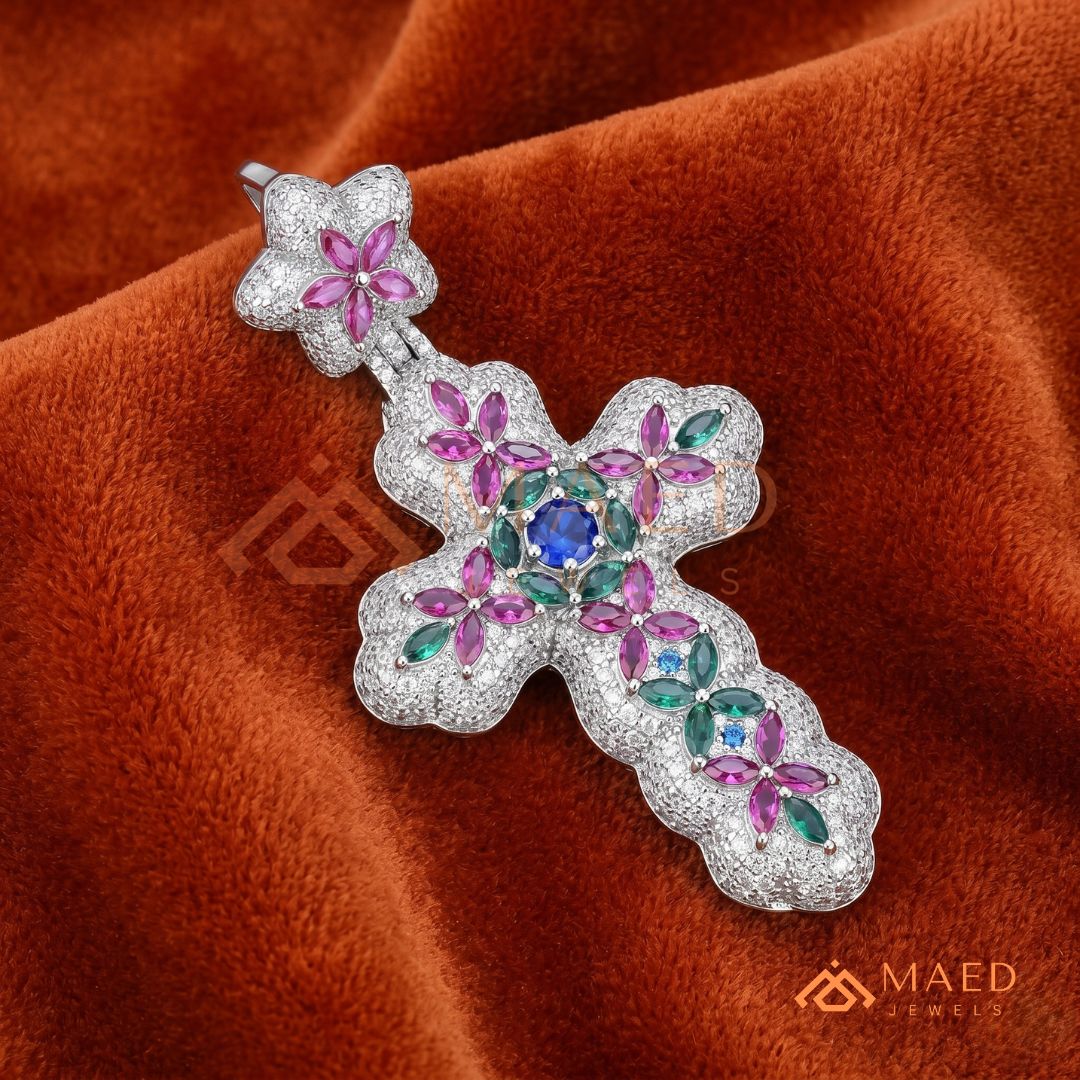 Iced Out Baroque Cross Statement Pendant with Pink & Green Stones
