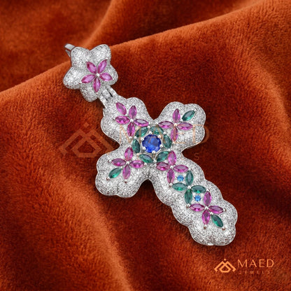 Iced Out Baroque Cross Statement Pendant with Pink & Green Stones