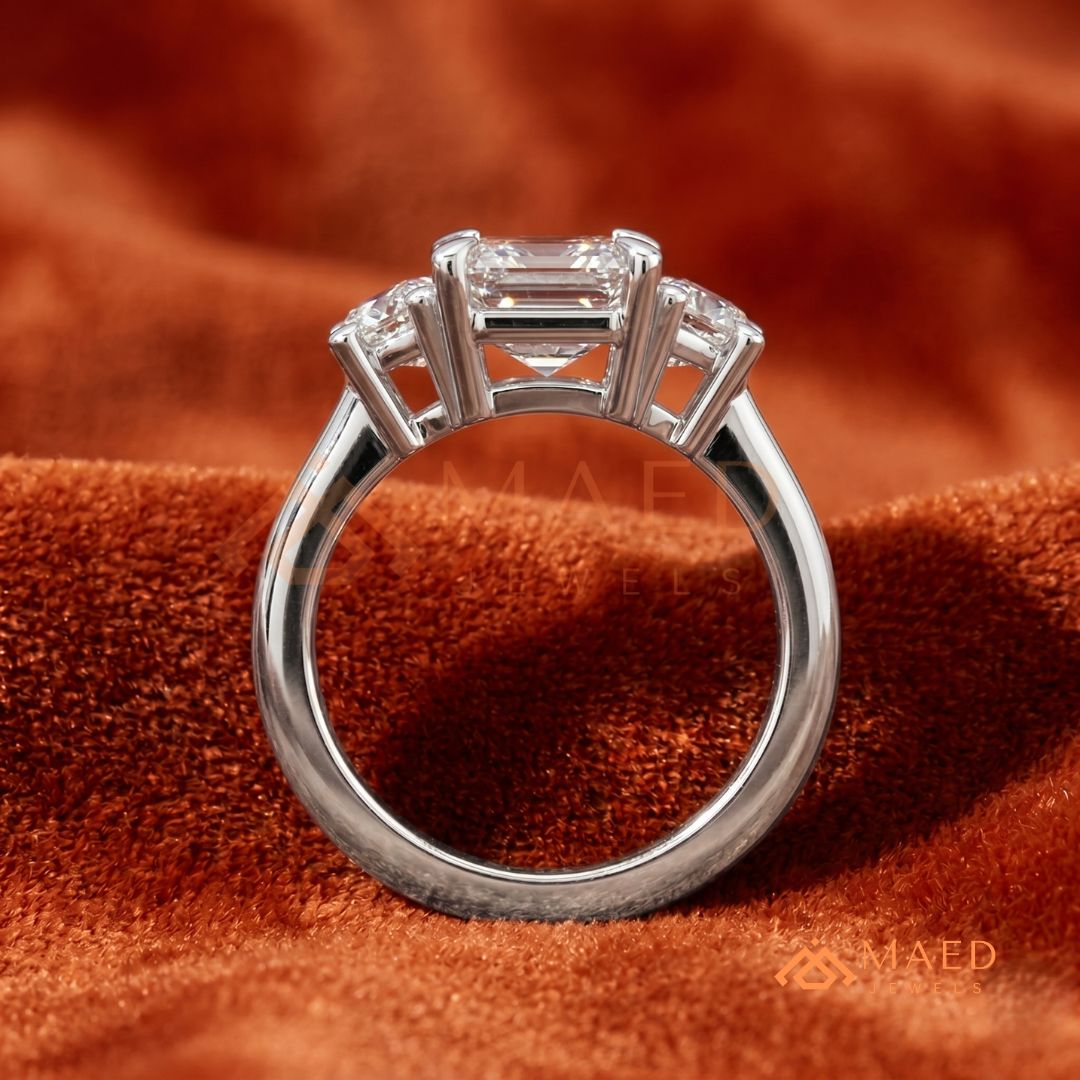 Emerald Cut Three Stone Engagement Ring | Half Moon Side Stones in 14K Gold & Silver