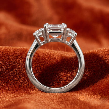Emerald Cut Three Stone Engagement Ring | Half Moon Side Stones in 14K Gold & Silver