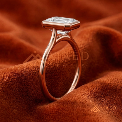 Modern Emerald Cut Solitaire Bezel Engagement Ring in Silver, 14K Gold & Rose Gold