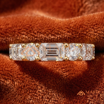 5-Stone Mixed Cut Diamond Wedding Band | Emerald & Round Moissanite Anniversary Ring in Silver, 14K Gold, & Rose Gold