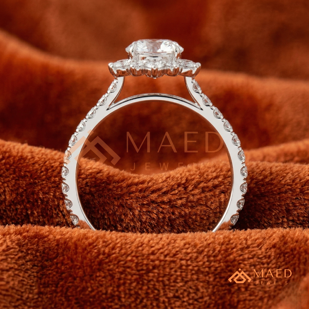 Vintage Starburst Halo Round Cut Engagement Ring with Pave Band in Silver, 14K Gold & Rose Gold