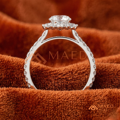 Vintage Starburst Halo Round Cut Engagement Ring with Pave Band in Silver, 14K Gold & Rose Gold