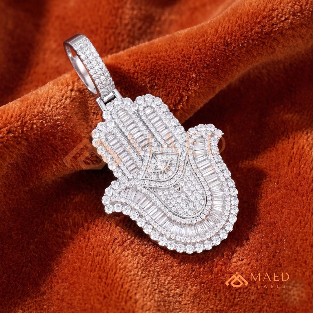 Iced-Out Hamsa Hand Pendant with Star of David & Menorah – Premium Micro-Pave Finish