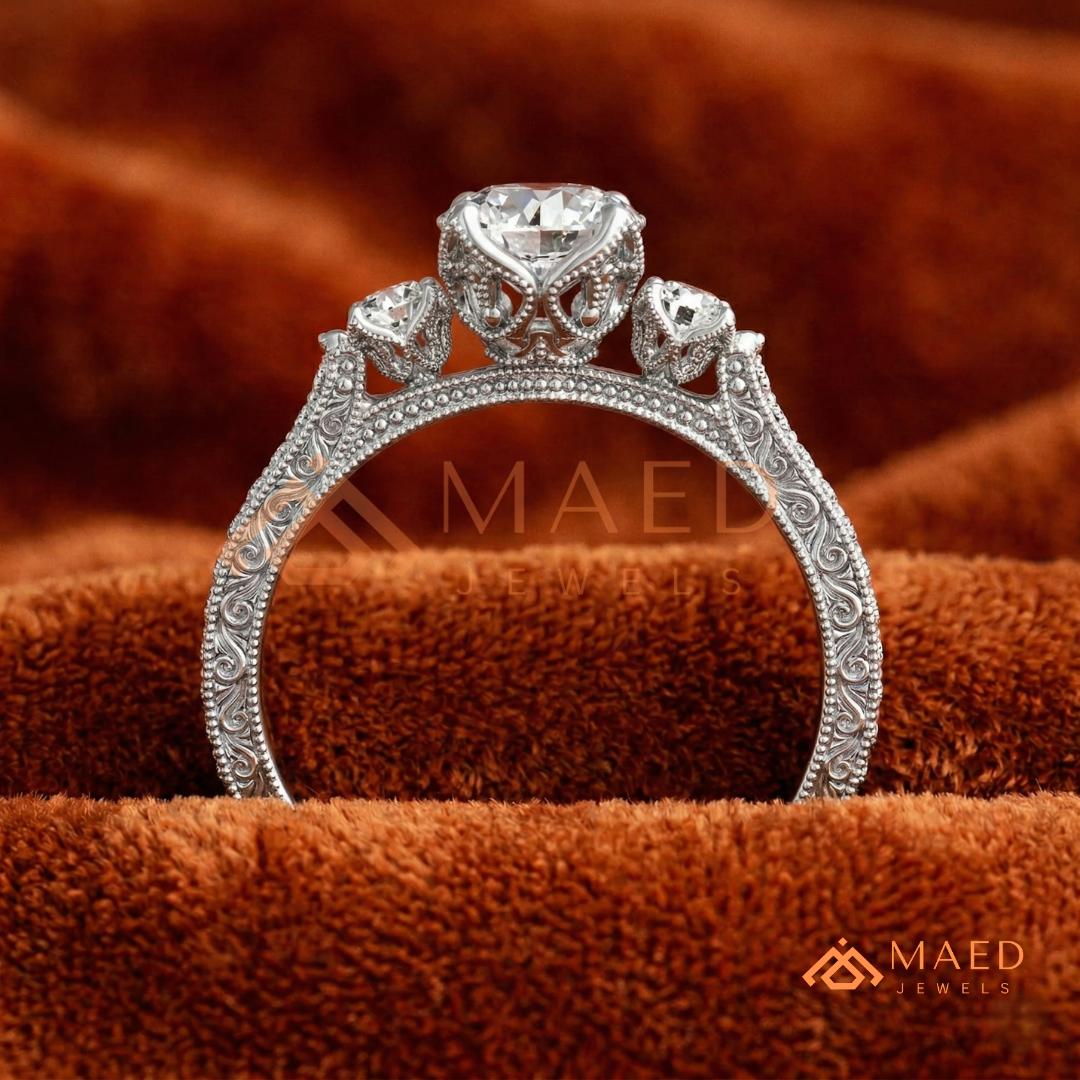 Vintage 3-Stone Round Engagement Ring in 14K Gold, Rose Gold & Silver | Antique Milgrain Pave Moissanite Ring for Women