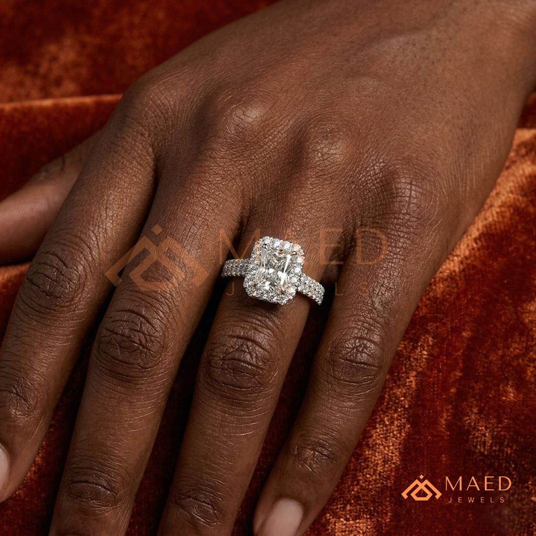Radiant Cut Halo Engagement Ring with Pavé Band – Sterling Silver, 14K Gold, or 14K Rose Gold