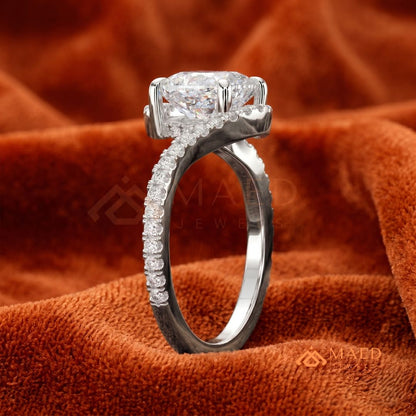 Cushion Cut Moissanite Bypass Halo Engagement Ring in Sterling Silver, 14K White Gold & Rose Gold | Criss Cross Diamond Simulant Wedding Ring