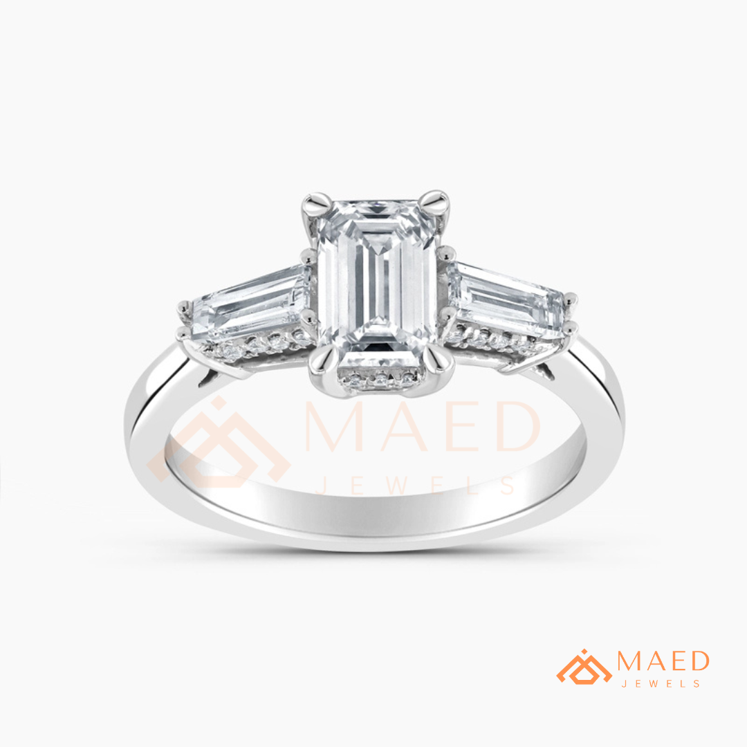 Emerald Cut Three-Stone Engagement Ring with Tapered Baguettes in Silver, 14K Gold, & 14K Rose Gold