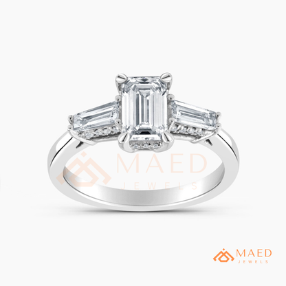 Emerald Cut Three-Stone Engagement Ring with Tapered Baguettes in Silver, 14K Gold, & 14K Rose Gold