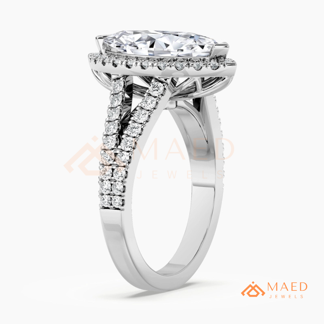 Marquise Cut Halo Engagement Ring | Split Shank Pave Band in 14K Gold & Silver