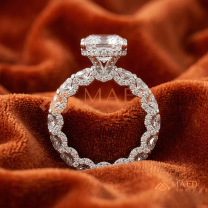 Elongated Oval Cut Engagement Ring with Full Oval Eternity Band | 14k Gold & Silver