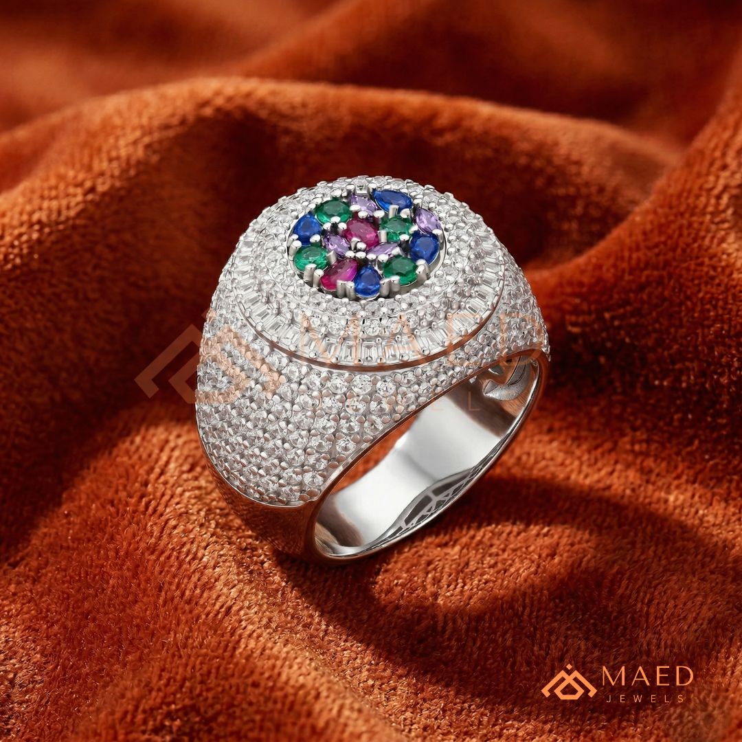 Heavy Multi-Color Iced Medallion Ring – 925 Silver, 14K Gold & Rose Gold