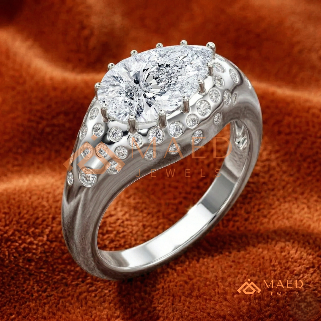 East-West Pear Cut Engagement Ring | Flush Setting Pave Dome Band in 14K Gold, Rose Gold & Silver