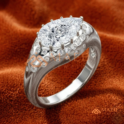 East-West Pear Cut Engagement Ring | Flush Setting Pave Dome Band in 14K Gold, Rose Gold & Silver