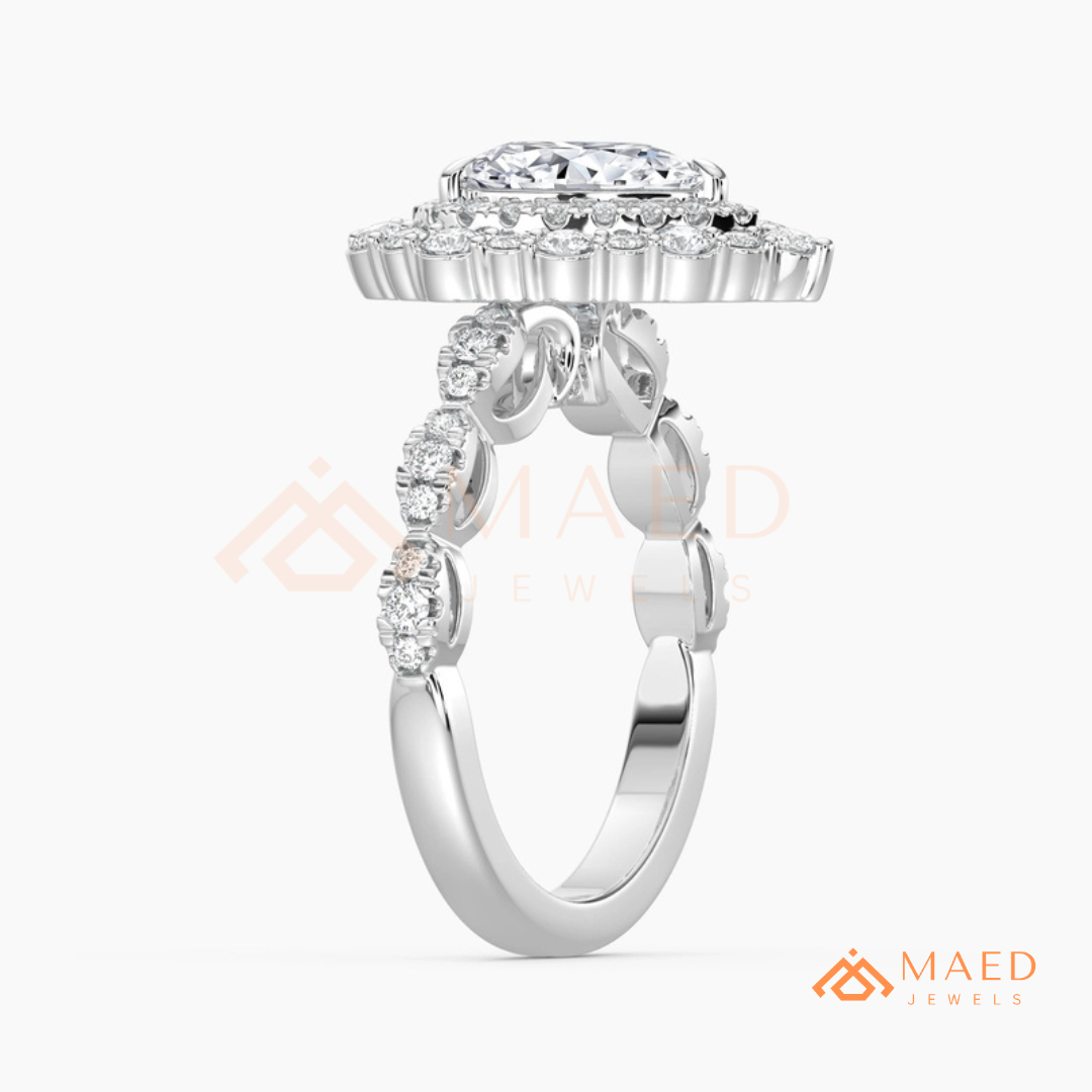 Vintage Pear Shaped Double Halo Engagement Ring with Pave Band in Silver, 14K Gold & Rose Gold
