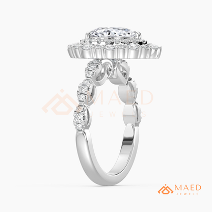Vintage Pear Shaped Double Halo Engagement Ring with Pave Band in Silver, 14K Gold & Rose Gold