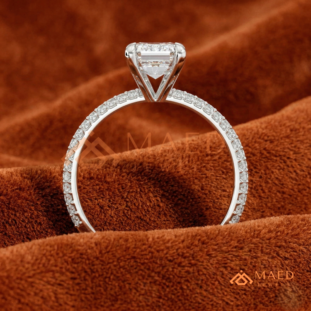 Emerald Cut Engagement Ring with Multi-Row Pavé Band in Silver, 14K Gold, & 14K Rose Gold