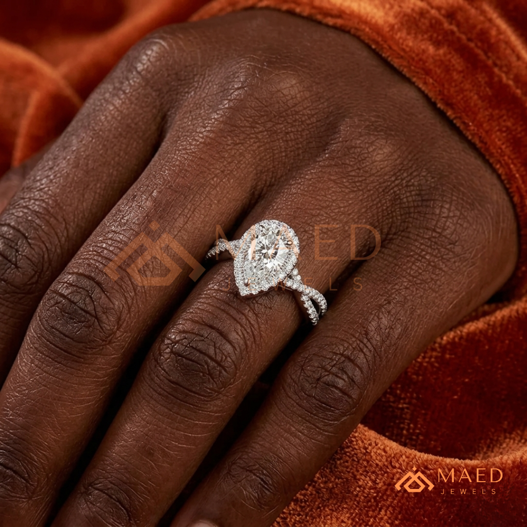 Pear-Cut Moissanite/Diamond Halo Engagement Ring with Twisted Pavé Band