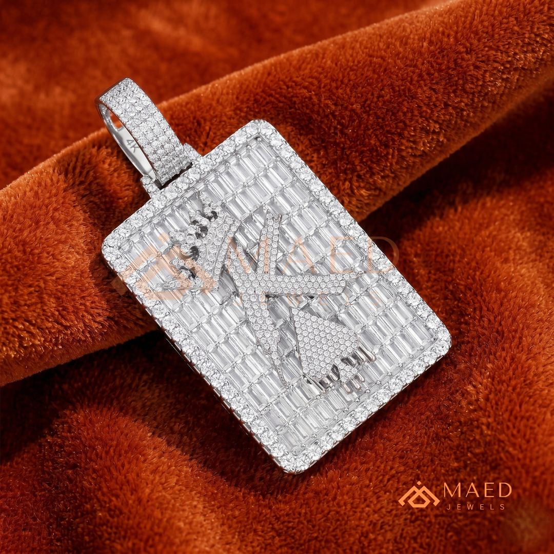 Custom King Spade Tag Pendant with Baguette & Round Cut Diamonds
