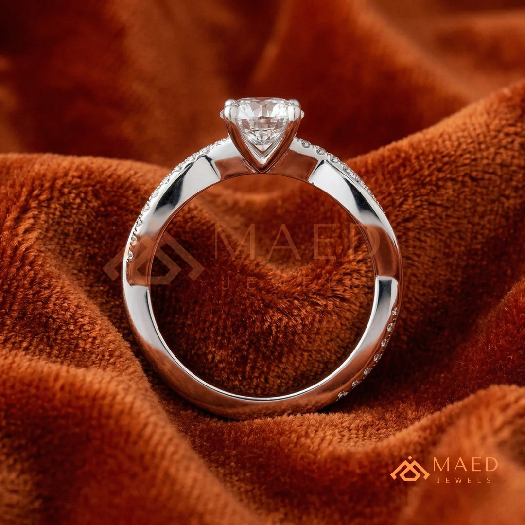 Marquise Cut Engagement Ring with Twisted Pavé Band | 14K Gold, Rose Gold & Silver