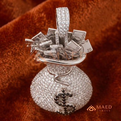 Iced Out Money Bag Pendant with Dollar Sign in Silver, 14K Yellow & Rose Gold