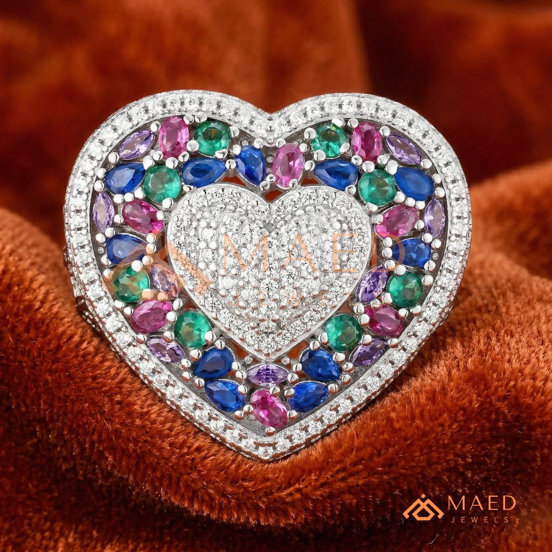 Luxury Multi-Color Iced Heart Statement Ring – 925 Silver, 14K Gold & Rose Gold