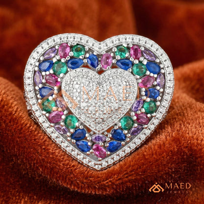 Luxury Multi-Color Iced Heart Statement Ring – 925 Silver, 14K Gold & Rose Gold