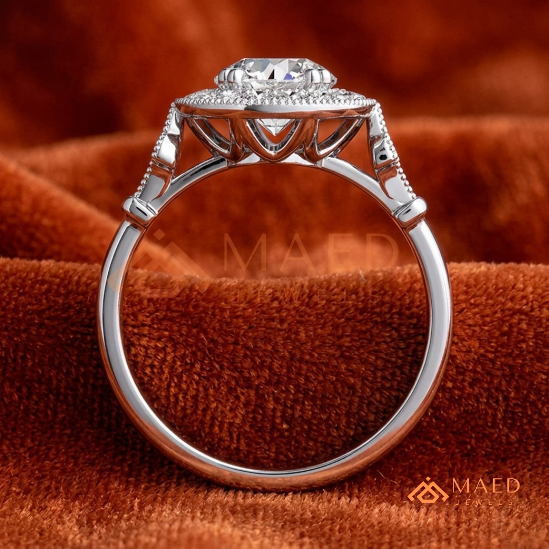 Vintage-Inspired Round Halo Engagement Ring with Milgrain Detail in 14K Gold, Rose Gold or Silver