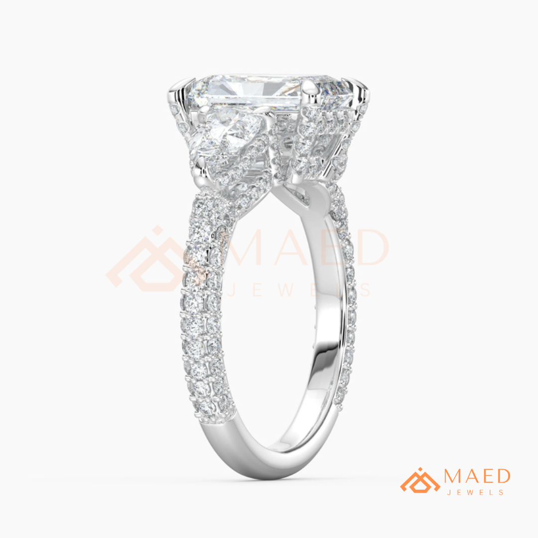 Modern Oval Cut Triple Row Engagement Ring with Baguette & Pavé Band