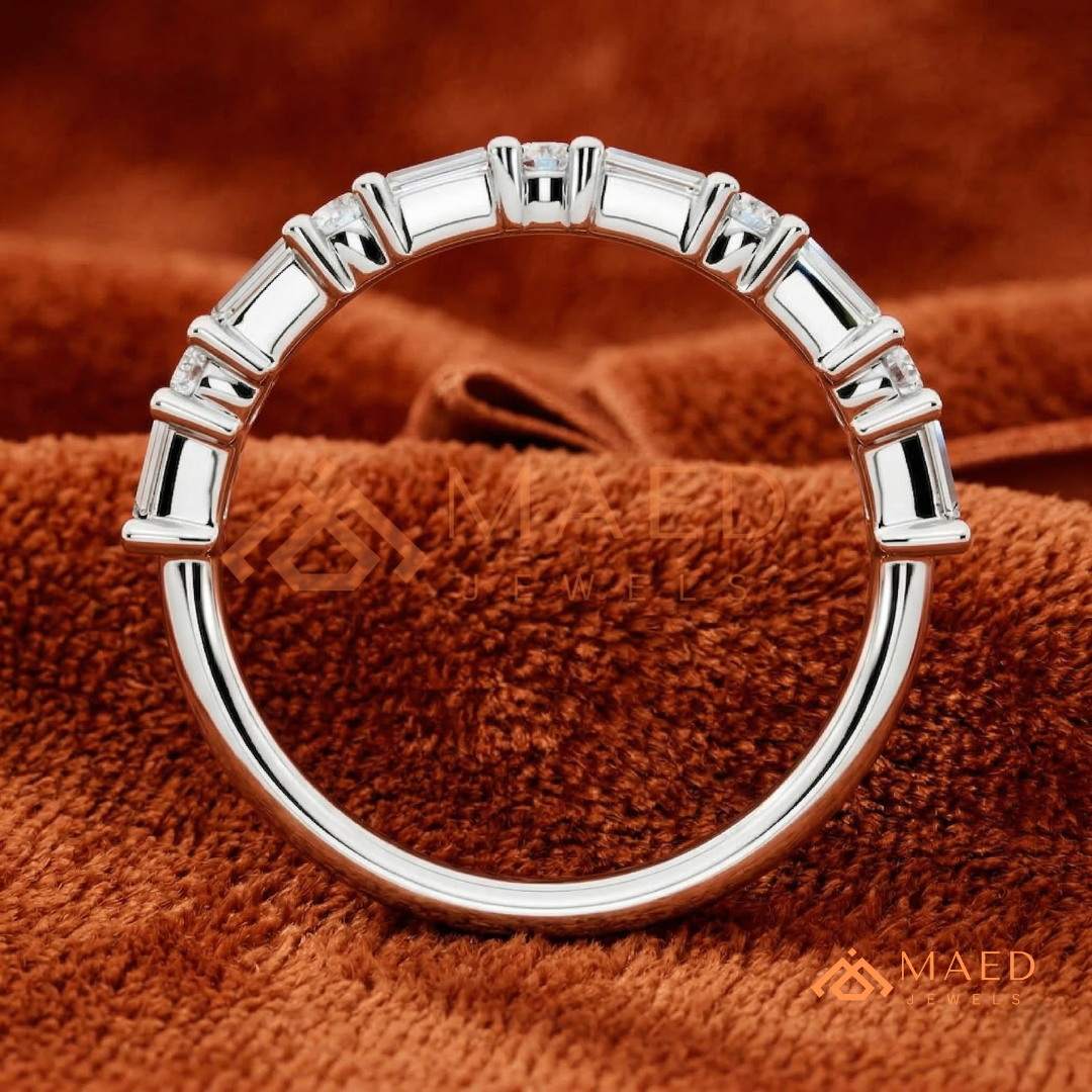 Alternating Baguette & Round Cut Diamond Wedding Band | Shared Prong Multi-Stone Anniversary Ring in Silver, 14K Gold, & Rose Gold